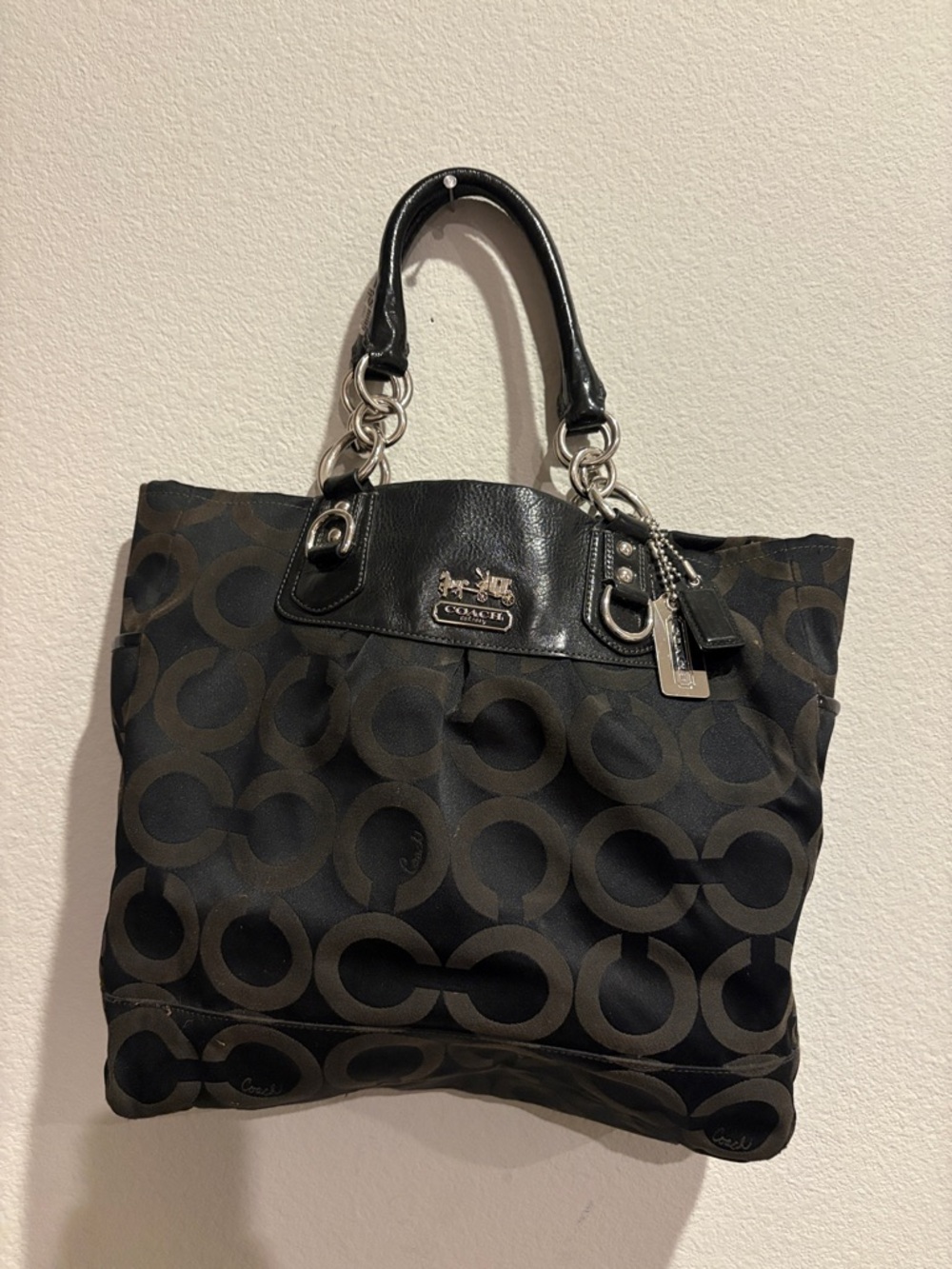 Coach Black Signature Circle Tote with Leather Trim